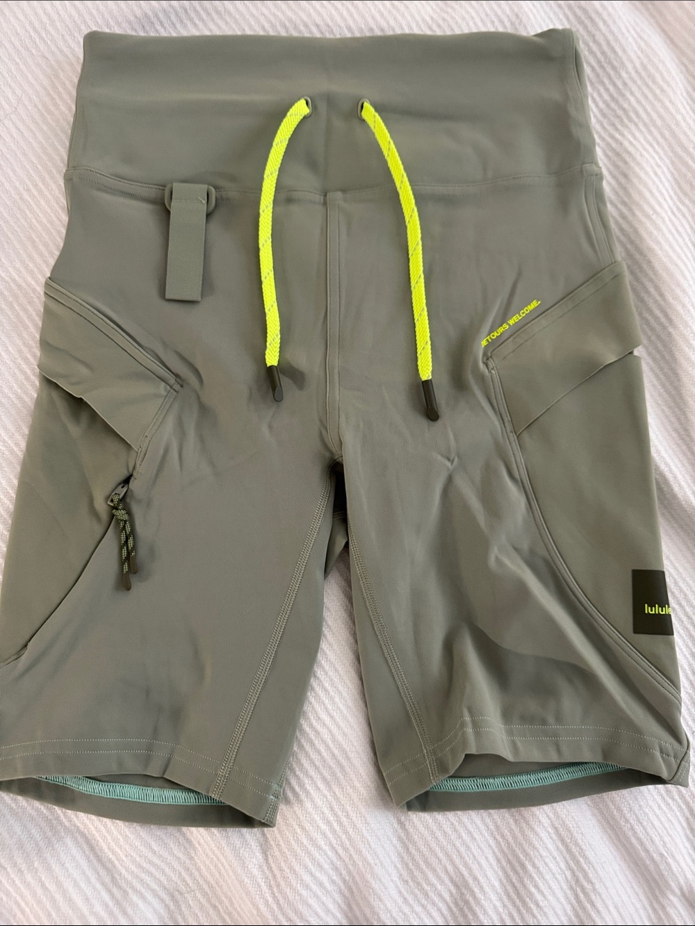 lululemon athletica Olive Green Athletic Cargo Shorts with Neon Yellow Drawcords